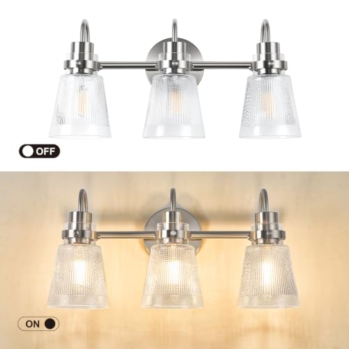 Image of Brushed Nickel Bathroom Light Fixtures, 18.8 Inch Modern Vintage Vanity Lights with Clear Striped Glass Shade, 3-Light Bathroom Wall Sconce Over Mirror for Entryway Bedroom
