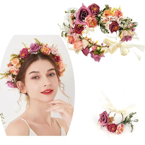 Jiahuade Bandeau floral avec guirlande, couronne de fleurs, couvre-chef et ensemble de bracelets, bandeau avec ruban, couronne florale magnifiquement faite (A,...