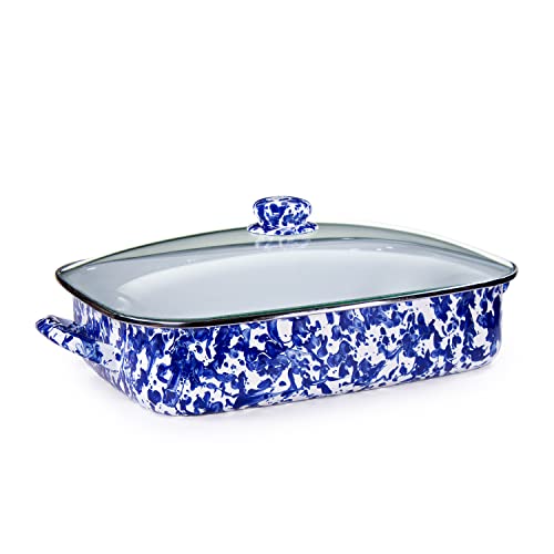 Golden Rabbit Enamelware Roasting Pan with Lid, 10.5 quarts, Cobalt Swirl
