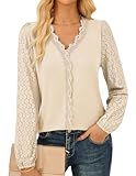 GRACE KARIN Damenmode Bluse V-Ausschnitt Langarm Pullover Oberteil Spitzenärmel Kontrastgewebe Elegant Casual Tops CL0065-03/Aprikose S