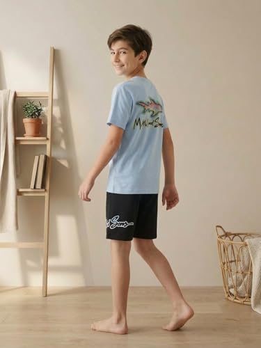 Image of Li'l Tomatoes Boys 100% Cotton Night Suit Set | Half Sleeve T-Shirt & Shorts | Color Block & Typography Print | Soft & Breathable Sleepwear | Casual Summer Wear | 9-16 Years