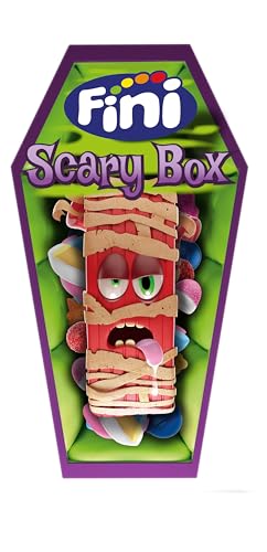 Fini Ataúd Scary Box | Surtido de Dulces con Gominolas, Piruletas, Geles y Caramelos Duros Rellenos de Chicles | Golosinas y Chuches para Halloween, Cumpleaños y Regalos - 92 gr
