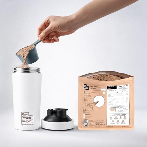 Image of ONLY WHAT'S NEEDED By Food Pharmer - Whey Protein Isolate 500gms*2 | 24g per scoop | Cocoa Edition + Metal Shaker 750ml | Stainless Steel | BPA-Free Cap