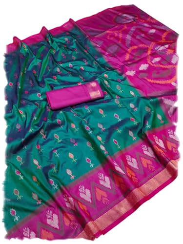 Image of Women's Pochampalli Silk Blend Saree with Unstitched Blouse Piece