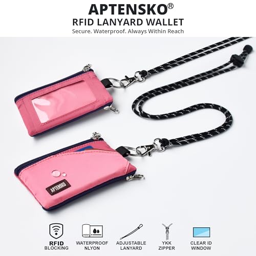Image of RFID Blocking Travel Wallet with Adjustable Lanyard, Small Nylon Zipper Pouch and Badge Holder for ID, Credit Cards, Cash, Keys, Commuters (Pink+RosePink)