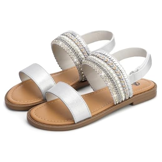 NCCB Sandália feminina boêmia de verão com tira ajustável no tornozelo para crianças pequenas/grandes, Branco, 16