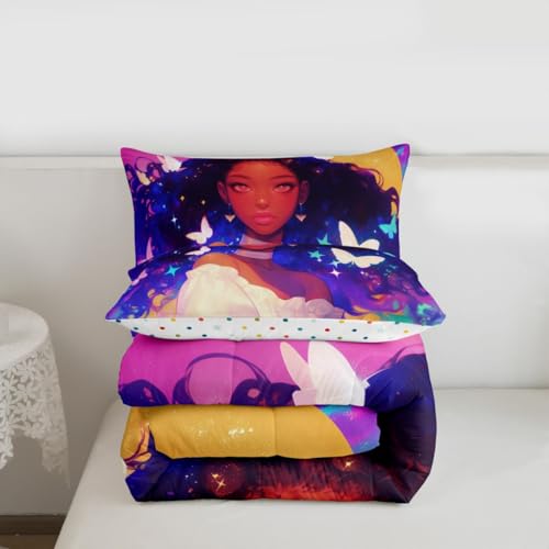 Image of Erosebridal Black Princess Bedding Sets American Afro-Girl Comforter Set Moon Galaxy Girl Butterfly Decorations Bedding Queen