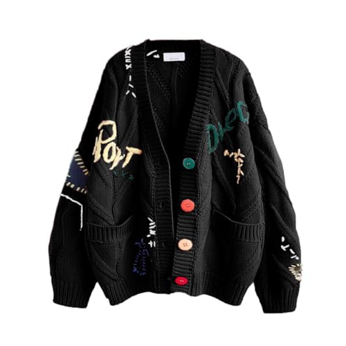 Image of chouyatou Women's Cable Knit Embroidery Patchwork Cardigan V Neck Long Sleeve Open Front Button Down Sweater