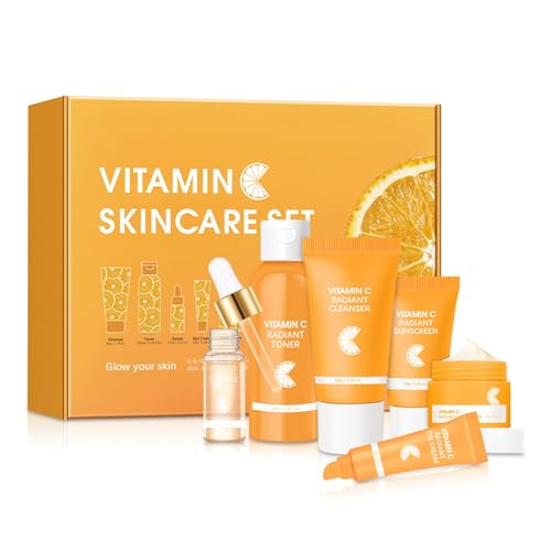Vitamina C Radiant Skincare Set, 6 piezas Kit Facial con Detergente, Tóner, Suero, Crema para Ojos, Crema Facial y Protector Solar Aclarador, Hidratación Protección para Complexión Brillante