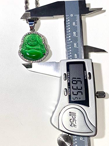 Laughing Buddha Dark Green Jade Pendant – 14k White Gold Filled Iced Necklace with Silver Rope Chain, Certified Grade A Jadeite Spiritual Jewelry3