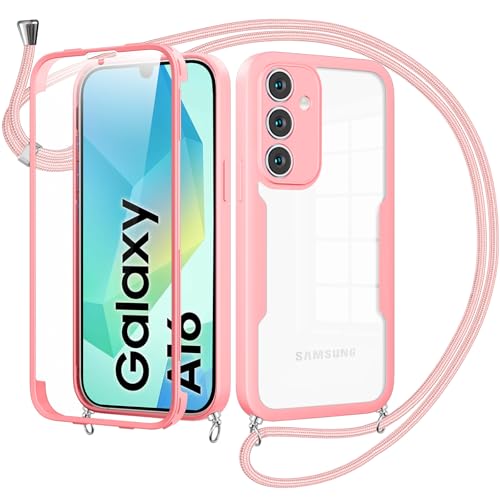 Cover per Samsung Galaxy A16 5G con Cordino360 Gradi Antiurto Trasparente Custodiacon con Protezione Schermo Integrata Bumper Rugged Custodia con Regolabile Tracolla Corda per A16 5G-Rose