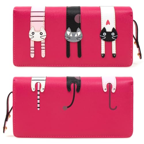 KOTORA Cute Wallet for Women Girls Long Bifold Clutch Bag Mini Cat Embroidery Zip Around Card Holder Coin Purse (Red)2