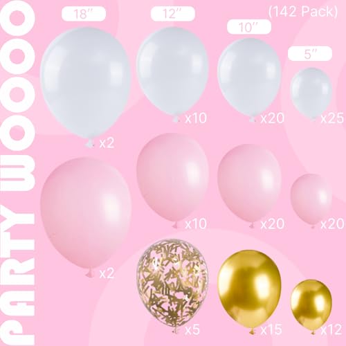Image of PartyWoo Pink and White Balloon Arch Kit Garland 142pcs Different Sizes of 18 12 10 5 Inch Light Pastel Baby Pink Metallic Gold Confetti White Balloons for Baby Shower Birthday Party Decorations