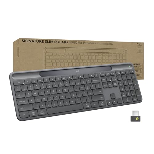 Logitech Signature Slim Solar+ Wireless Bluetooth Keyboard K980 for Business Quiet Typing Secure Receiver Windows Mac - Graphite
