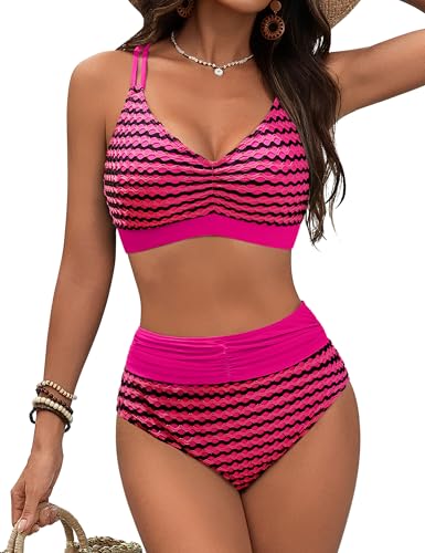 Image of Blooming Jelly Womens High Waisted Bikini Sets Striped Tummy Control Swimsuits Color Block Two Piece Bathing Suit
