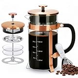 CHDEXU Stainless Steel French Press Coffee Maker 34oz, 1L Heat Resistant Thickened Borosilicate Glass Coffee Press with 4 Filter and Coffee Measuring Spoon for Coffee Tea Travel Camping