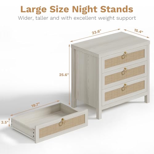 Image of Eclatara Large Rattan Night Stand Set of 2: Boho Nightstand with 3 Drawers, White Storage Bedside Table End Table Side Table for Bedroom(Cream White Oak,2 Pieces)