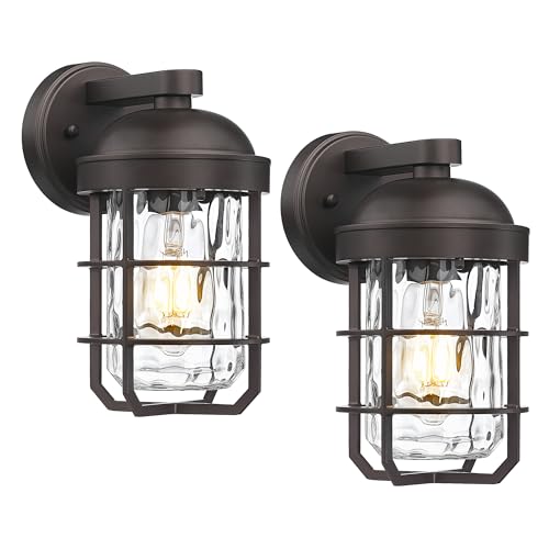 Image of Emliviar Rustic Outdoor Wall Lanterns 2Pcs, Exterior Nautical Wall Sconce, Outside Wall Lamps with Water Ripple Glass in Oil Rubbed Bronze Finish, GE255BL-2PK ORB-WG