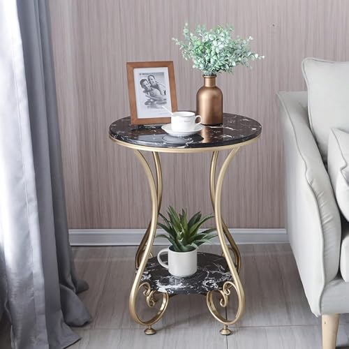 Image of Modern Double-Top Coffee Table with Rustic Farmhouse Accent, Multipurpose Living Room Bedroom, Two-Tier Small Sofa Side Bedside Table with Metal Frame Nightstand (Gold Black)