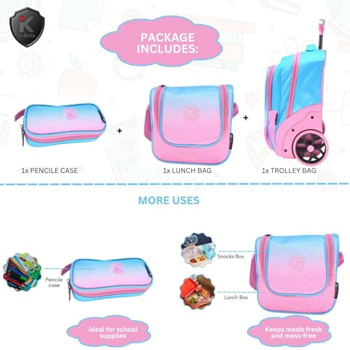 Image of i-kola 3pcs Kids Rolling School Bag Set - 16″ Trolley Backpack with Wheels, Spill-Proof Lunch Bag & Pencil Case - Telescopic Handle, Bottle Holder, L-Shaped Smooth Wheels, IKOLA - BLUEISH PINK, 16