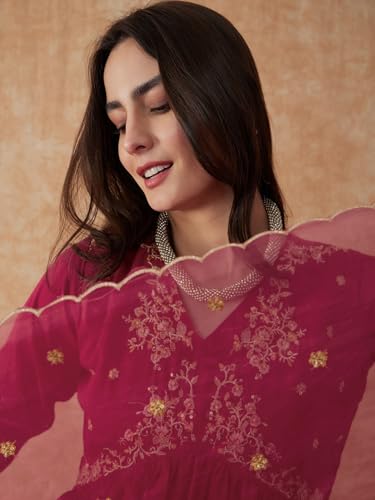 Image of SheWill Women's Vichitra Zari Sequence Embroidery Alia Cut Kurta with Palazzo Dupatta Set