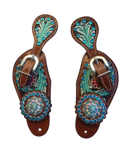 Equitem Medium Tooled Leather Spur Straps with Painted Teal Accent with Teal Crystal Conchos (Youth 7