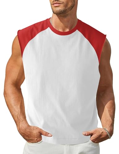 Minclouse Men's Casual Raglan Sleeves Tank Tops Sleeveless Crew Neck T Shirts Color Block Tees (Red-White,XX-Large)
