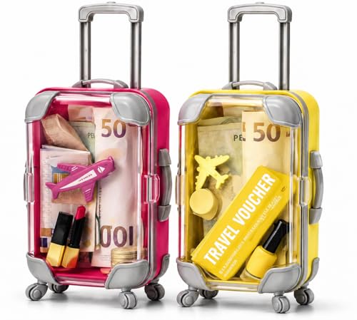 KIJUK Mini Koffer Geschenkbox 2 Stücke Wiederverwendbare Reisegutschein Verpackung mit Rollen & Griff - Für Geldgeschenke Urlaubsüberraschung zu Geburtstag Hochzeit (Rose + Yellow)