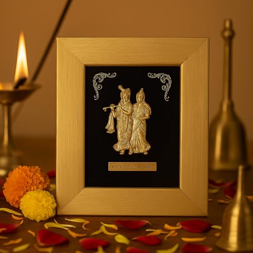 Image of Gold Plated Radha Krishna Photo Frame for Home Decor, Pooja Room Decoration, House Warming & Marriage Gifting - 7 x 6 Inches - 1 Piece
