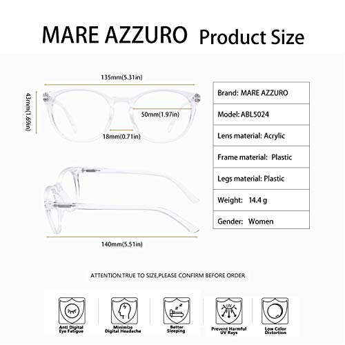 Image of MARE AZZURO Blue Light Blocking Reading Glasses Women Round Computer Readers 0 1.0 1.25 1.5 1.75 2.0 2.25 2.5 2.75 3.0 3.5 4.0 5.0 6.0 (Transparent, 600)