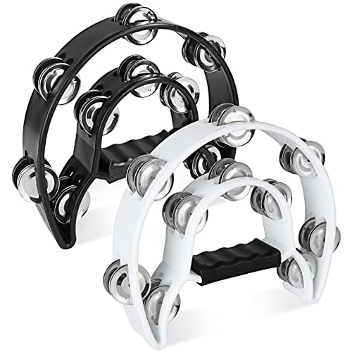 Lot de 2 Tambourin Demi-lune, 25cm Tambourin Adulte Main avec 40 Clochettes en Métal - Tambourin Main à Double Rangée pour Les Musiciens, Chanteurs, Cours de Musique et Groupes Noir -Blanche