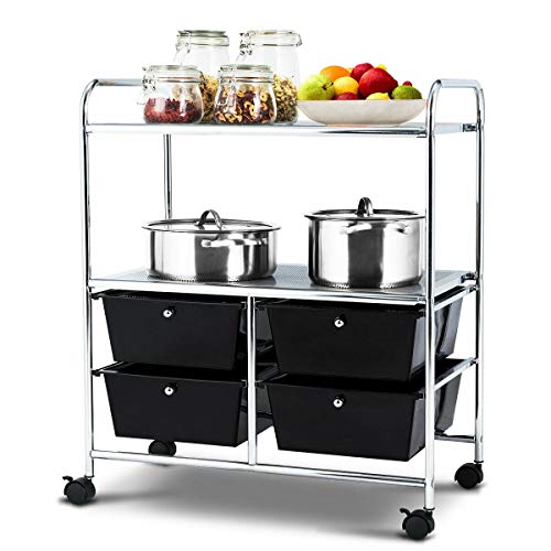 Giantex Rolling Storage Cart w/ 4 Drawers 2 Shelves Metal Rack Shelf Home Office School Beauty Salon Utility Organizer Cart with Wheels (Black)