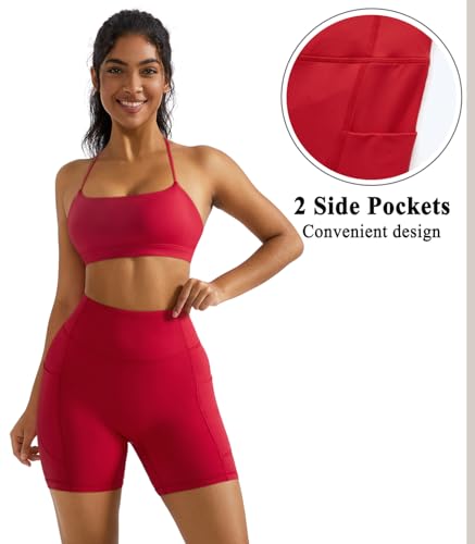 OMKAGI 2 Piece Workout Sets for Women Open Back Padded Sports Bras Booty Shorts with Pockets Gym Outfits3