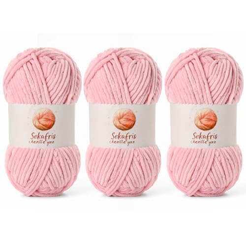 Image of Chenille Yarn for Crocheting, Size 5 Bulky,3 Peach Pink | 300g /393yds Soft Chunky Velvet Yarn for Crochet and Knitting,Fluffy Baby Yarn for Amigurumi,Blankets and DIY Crafts.