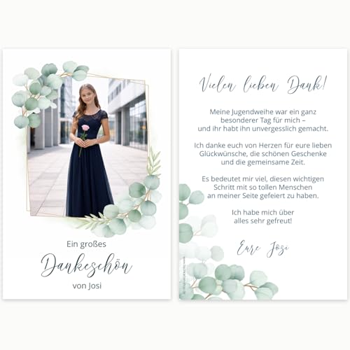 Dankeskarte Jugendweihe - FOTO Danksagung Jugendweihe PERSONALISIERT mit Foto & Text Mädchen & Jungen ab 10 bis 100 Karten Umschläge optional extra starkes Papier - Motiv Eucalyptus weiß