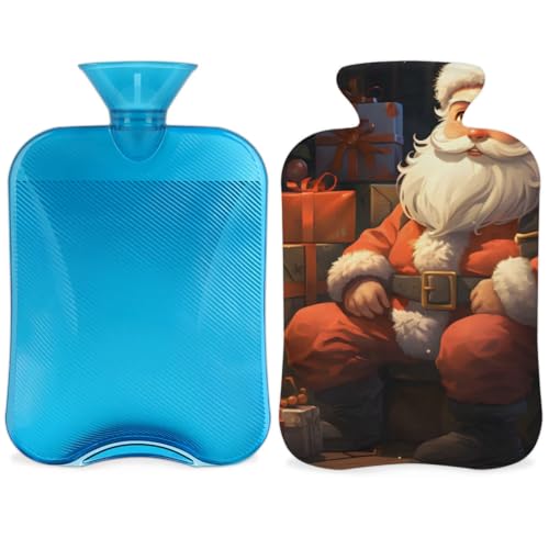 Hot Water Bottle with Soft Cover,2L Colorful Santa Claus Hot Water Bag for Hot and Cold Compress, Hand Feet Warmer, Retro Santa Claus Rubber Hot or Cold Water Bottle Halloween Christmas Decorations