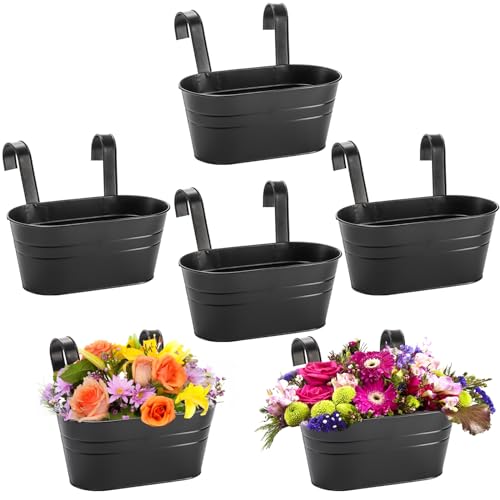 Foraineam 6 Pack Hanging Flower Pots, Metal Iron Hanging Planter Plant Pot Holders for Railing Fence Balcony, Black Hanging Bucket Pots Outdoor Porch Decors with Detachable Hooks and Drain Holes
