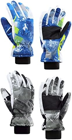 Century Star Kids Snow Gloves Warm Waterproof Gloves for Girls Boys Winter Gloves for Kids Ski Gloves Waterproof 2 Pairs Black Print & Blue 8-14 Years