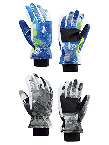 Century Star Kids Snow Gloves Warm Waterproof Gloves For Girls Boys Winter Gloves For Kids Ski Gloves Waterproof 2 Pairs Black Print & Blue 8-14 Years #TOP3