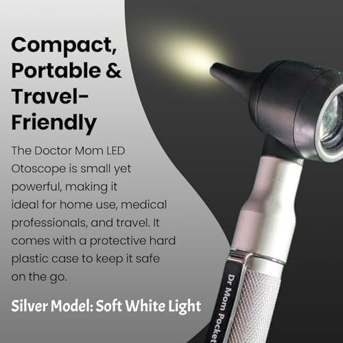 Image of 4th Generation Doctor Mom LED Pocket Pro Otoscope with Both Adult and Pediatric Disposable Specula Tips, Battery, and Protective Hard Plastic Case
