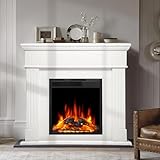 R.W.FLAME 43” Electric Fireplace Mantel Wooden Surround Firebox, TV Stand with Freestanding Electric Fireplace, Remote Control, Adjustable Led Flame, 750W/1500W Pearl White