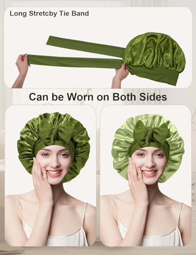 Satin Silk Hair Bonnet for Sleeping Women Kids, Double Layer Bonnet with Tie Band for Girls Boys Curly Hair Night Cap4