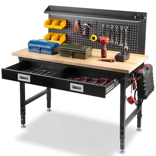 MUWOOD 48" Workbench with Drawers, Work Benches for Garage with Strip Light, Adjustable Work Table with Large Pegboard, 2000 LBS Heavy Duty Table with Power Outlet Rubber Wood for Garage, Office