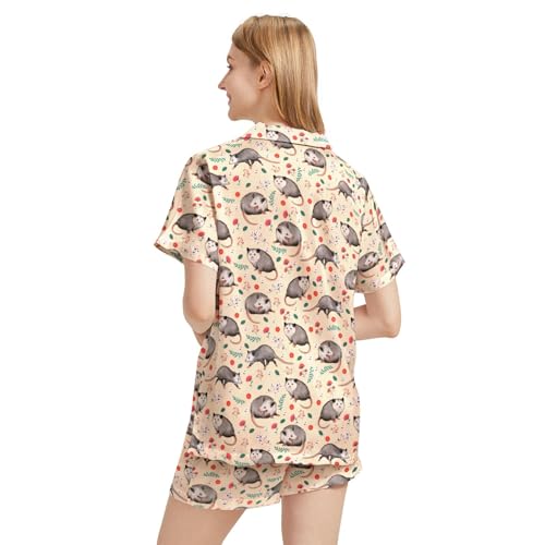 Image of Funny Satin Pajamas Set for Women Button Down Sleepwear Print Pjs Set 2 Piece Short Sleeve Loungewear Gift for Women