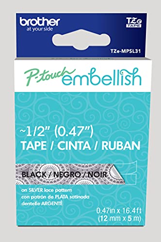 Image of Brother P-Touch Embellish Black Print on Silver Lace Patterned Tape TZEMPSL31 - ~ inch Wide x 13.1' Long for use with P-Touch Embellish Ribbon & Tape Printer