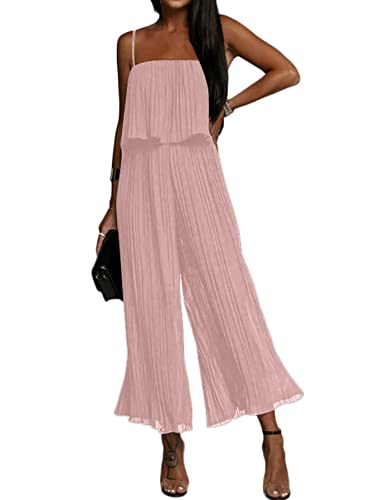 Umenlele Women’s Casual Sleeveless Pleated Jumpsuit Spaghetti Straps Wide Leg Pants Long Romper Pink Medium #TOP26
