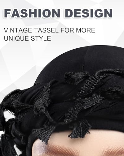 Babalet Halo Turban for Men Women Satin Lined Durag Head Wraps Skull Cap Pre-Tied Tassels Braid Beanie Vintage Twist Bonnet4