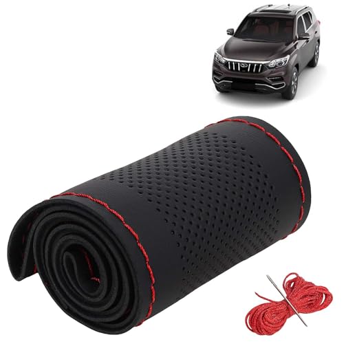 Image of KINGSWAY PU Leatherite Car Steering Cover Sewable Compatible with Mahindra Alturas G4 (Year 2018 Onwards), Black Color with Red Thread, Pack of 1 with Sewing Needle and Thread