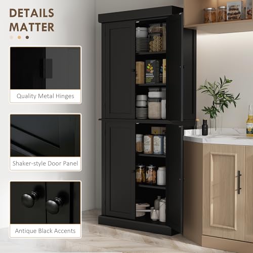 Image of HOMCOM 72.5 inch Tall Kitchen Pantry Cabinet, Freestanding Modern Farmhouse Kitchen Storage Cabinet with 4 Doors and 2 Adjustable Shelves for Dining Room, Black