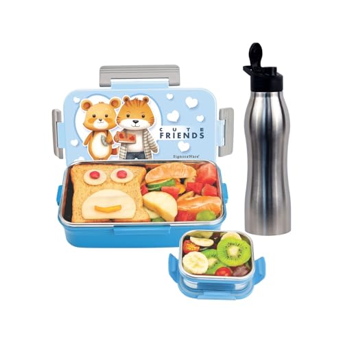 Image of Signoraware Delight C Nugget Stainless Steel Printed Lunch Box Set for Kids | Airtight Lid With Clip Lock | Compact & Sleek Size | Great for Picnic & Outdoors (700ml + 130ml + 750ml Bottle | SkyBlue)